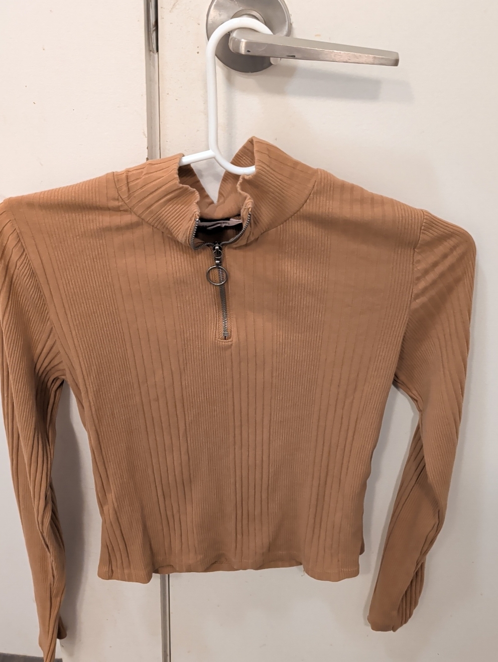 Aeropostale Camel Ribbed Half-Zip Mock Neck Long Sleeve Top